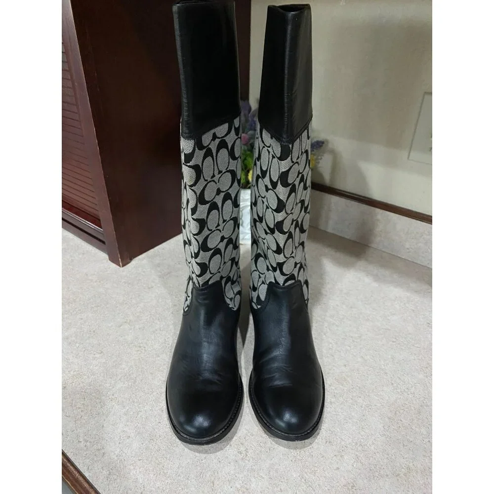 Coach Chrissi Black & Signature Canvas Riding Boots Womens Size 9.5